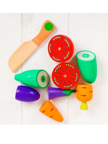 Игровой набор BeeZee Toys Продукты деревянные "Овощные радости" набор игрушной еды для резки на магнитах, с ножиком и ящиком