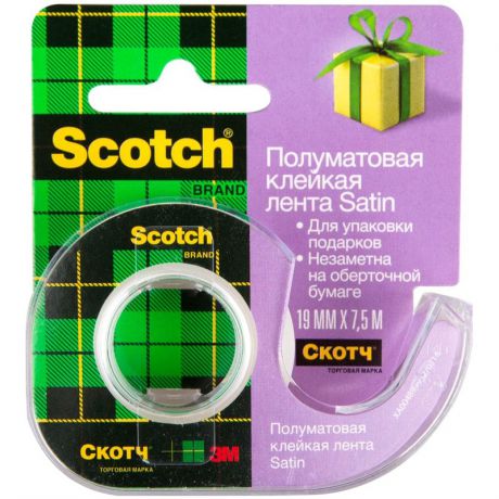 Скотч SCOTCH Клейкая лента 19 мм х 7,5 м, "Satin", полуматовая, на диспенсере, для упаковки подарков, 51 мкм