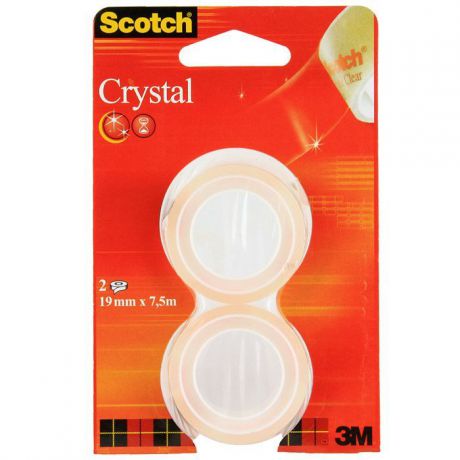 Скотч SCOTCH Клейкие ленты 19 мм х 7,5 м канцелярские "Crystal", комплект 2 шт., прозрачные, 50 мкм