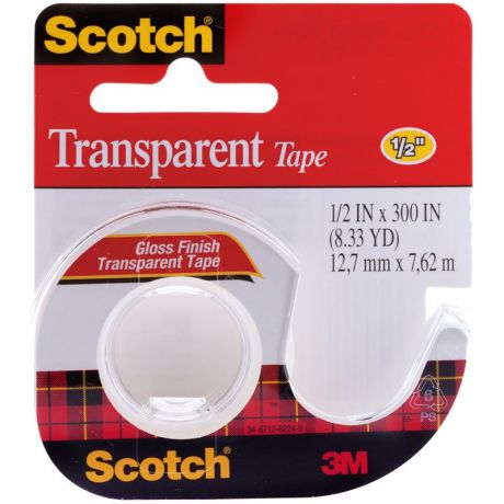 Скотч SCOTCH Клейкая лента 12,7 мм x 7,62 м, канцелярская, "Transparent", прозрачная, на мини-диспенсере, 46 мкм