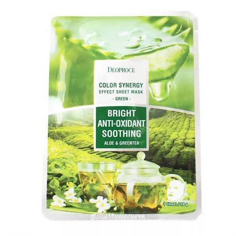 Маска косметическая Deoproce Color Synergy Effect Sheet Mask Green Bright Anti-Oxidant Soothing, 20