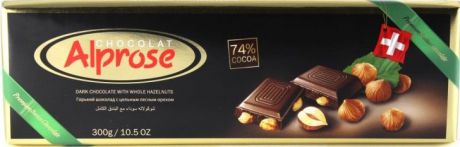 Шоколад Alprose Chocolat "SWISS PREMIUM" горький 74% какао с цельным лесным орехом, 300