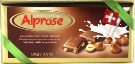 Шоколад Alprose Chocolat "SWISS PREMIUM" молочный с цельным лесным орехом, 100г