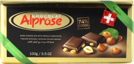Шоколад Alprose Chocolat "SWISS PREMIUM" горький 74 процента какао с цельным лесным орехом, 100г