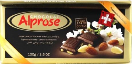 Шоколад Alprose Chocolat "SWISS PREMIUM" горький 74 процента какао с цельным миндалем, 100г