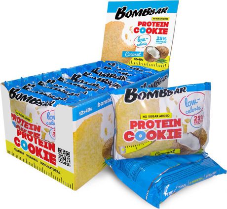 Протеиновое печенье Bombbar, низкокалорийное, кокос, 12 шт по 40 г