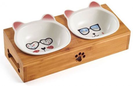 Миска для животных Pug & Pets на бамбуковой подставке для кошек и собак "Модники", две керамические миски по 400 мл, белый