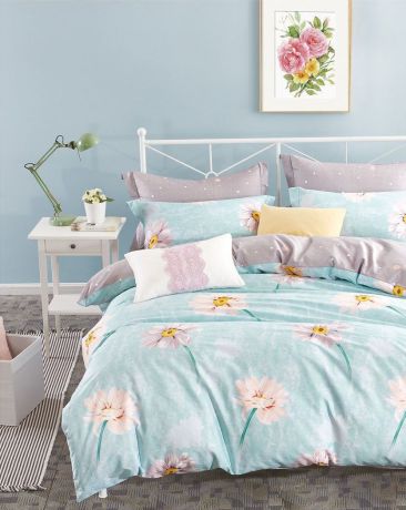 Комплект постельного белья Дом Текстиля SULYAN Летнее утро, голубой, светло-зеленый, розовый, серый