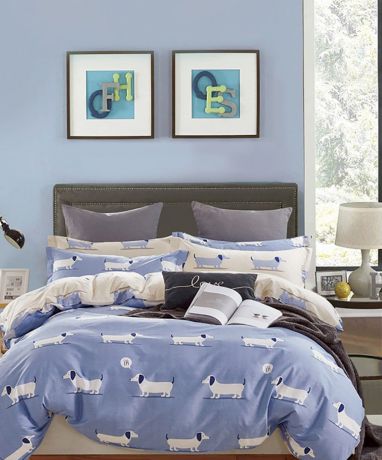 Комплект постельного белья Дом Текстиля SULYAN Таксы, синий, бежевый, голубой