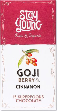 Сырой органический шоколад Stay Young с ягодами годжи и корицей Goji Berry & Cinnamon, 52% какао и 15 суперфудов, 44 г