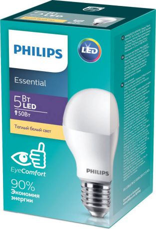Лампочка светодиодная Philips Essential LEDBulb, 929001899087, цоколь E27, 5W, 3000K