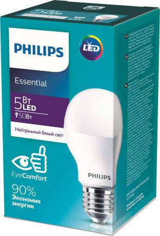 Лампочка светодиодная Philips Essential LEDBulb, 929001962687, цоколь E27, 5W, 4000K