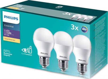 Лампочка светодиодная Philips Essential LEDBulb, 929001900247, цоколь E27, 11W, 3000K, 3 шт