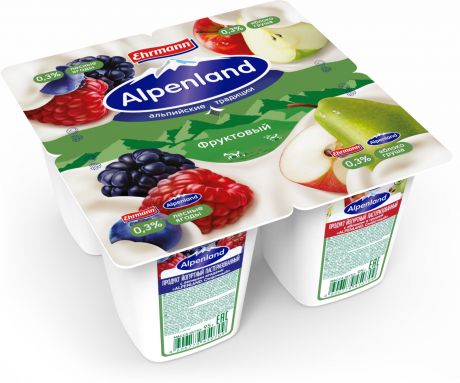 Йогуртный продукт Alpenland, лесные ягоды, яблоко и груша, 0,3%, 95 г