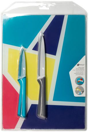 Набор кухонных ножей Apollo Rainbow, с доской, RNB-02-BG, голубой, серый, 3 предмета