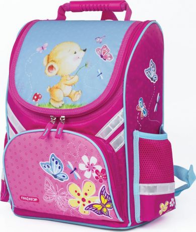 Ранец для девочки Пифагор Мишка с бабочкой, для начальной школы, розовый, бирюзовый, 15 л