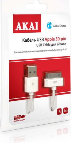 Дата-кабель Akai, CE-601, USB- 30 pin, оплетка TPE, белый, 1 м