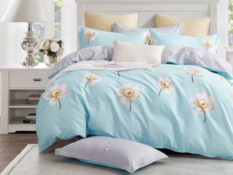 Комплект постельного белья Cleo Satin lux Цветочная нежность, 20/338-SL, голубой, 2-спальный, наволочки 70x70