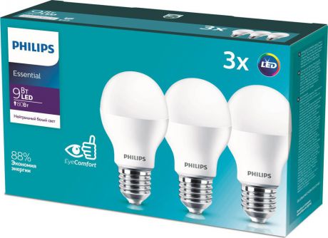 Лампочка светодиодная Philips Essential LEDBulb, 929001962847, цоколь E27, 9W, 4000K, 3 шт