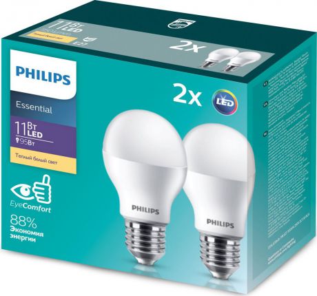 Лампочка светодиодная Philips Essential LEDBulb, 929001900227, цоколь E27, 11W, 3000K, 2 шт