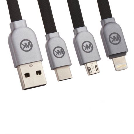 USB кабель WK 3 в 1 Platinum WDC-010 Apple 8 pin/Micro USB/USB Type-C, 0L-00034816, черный