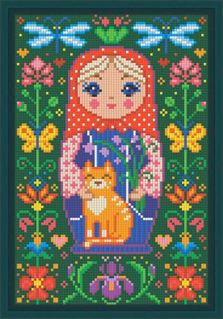 Картина стразами Алмазная Живопись "Матрёшка с котиком" (АЖ-1322), 29 цветов, 20х30 см