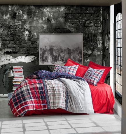 Комплект постельного белья Cotton Box Masculine Marco 1,5, красный, синий, серый