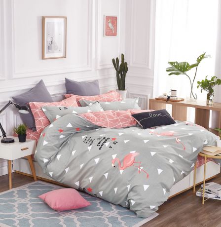 Комплект постельного белья Коллекция АШПС-Д5, розовый, серый