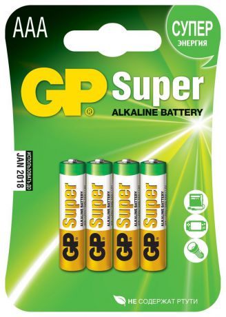 Батарейка алкалиновая GP Batteries "Super Alkaline", тип АAА, 4 шт