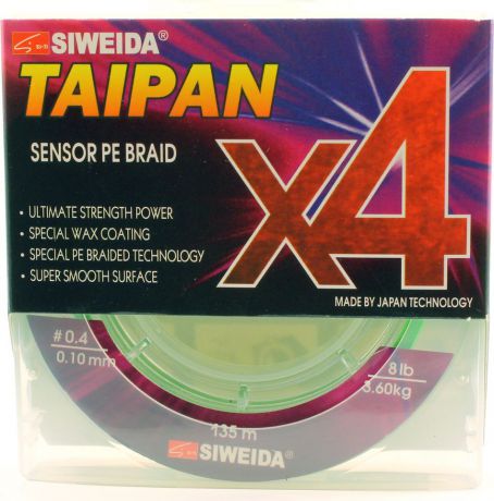 Плетеный шнур Siweida Taipan Sensor Pe Braid X4, 0066535, зеленый, 0,1 мм, 3,6 кг, 135 м
