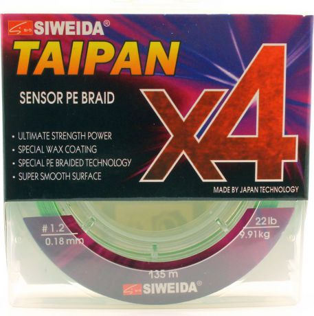 Плетеный шнур Siweida Taipan Sensor Pe Braid X4, 0066539, зеленый, 0,18 мм, 9,91 кг, 135 м