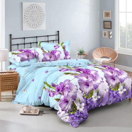 Комплект постельного белья BegAl, ВТ001-СА790, голубой, фиолетовый, зеленый, 1.5 спальное