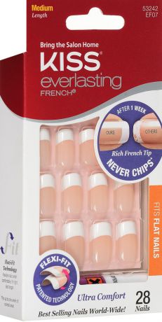Kiss Набор накладных ногтей "Французский маникюр", для плоской и классической формы ногтей, с клеем, средняя длина