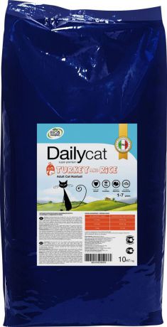 Корм сухой Daily Cat "Adult Hairball Turkey & Rice", для взрослых кошек, для вывода шерсти из желудка, с индейкой и рисом, 10 кг