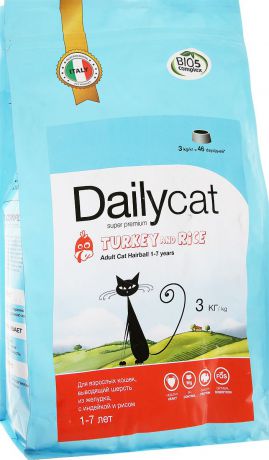 Корм сухой Daily Cat "Adult Hairball Turkey & Rice", для взрослых кошек, для вывода шерсти из желудка, с индейкой и рисом, 3 кг