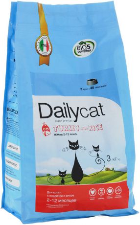 Корм сухой Dailycat "Kitten Turkey", для котят, беременных и лактирующих кошек, с индейкой и рисом, 3 кг