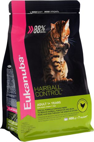 Корм сухой Eukanuba "Heirball Control", для взрослых кошек, живущих в помещении, для профилактики образования комков шерсти, с домашней птицей, 400 г