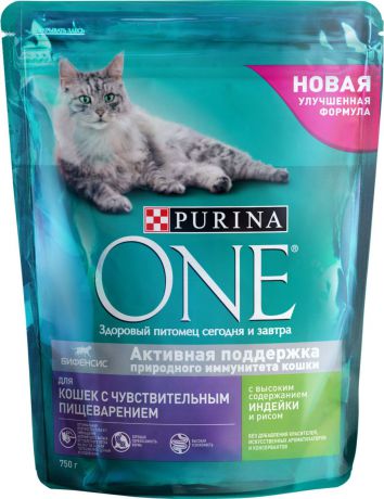 Корм сухой "Purina One" для кошек с чувствительным пищеварением, с индейкой и рисом, 750 г