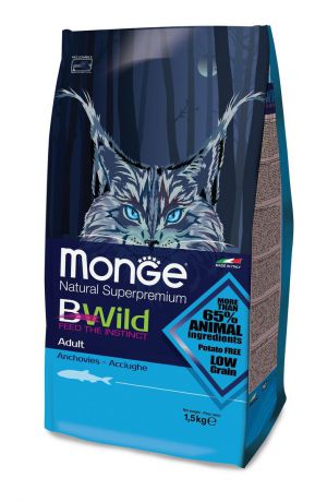 Корм сухой Monge "Bwild Cat Anchovies", для взрослых кошек, с анчоусами, 1,5 кг