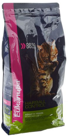 Корм сухой Eukanuba "Heirball Control", для взрослых кошек, живущих в помещении, для профилактики образования комков шерсти, с домашней птицей, 2 кг
