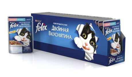 Консервы для кошек Felix "Аппетитные кусочки. Двойная вкуснятина", с лососем и форелью в желе, 85 г, 24 шт