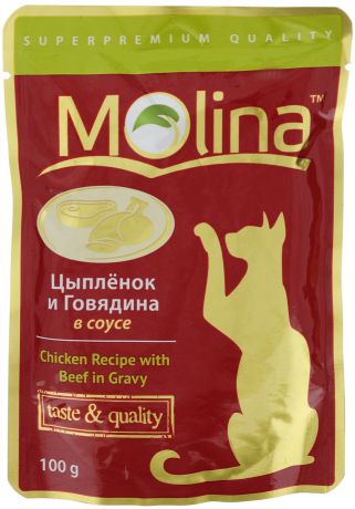 Консервы для кошек "Molina", с цыпленком и говядиной в соусе, 100 г