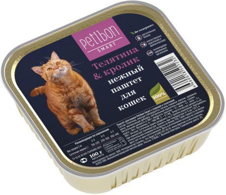 Корм консервированный для кошек Petibon "Smart Паштет", с телятиной и кроликом, 100 г