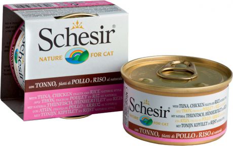 Корм консервированный Schesir, для кошек, тунец, с курицей и рисом, 85 г