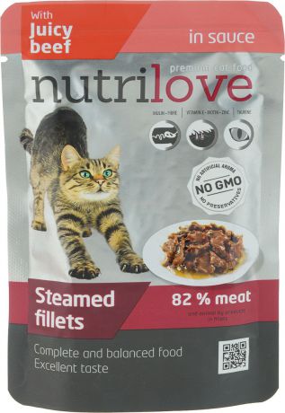 Корм консервированный "Nutrilove", для кошек, с говядиной в соусе, 85 г