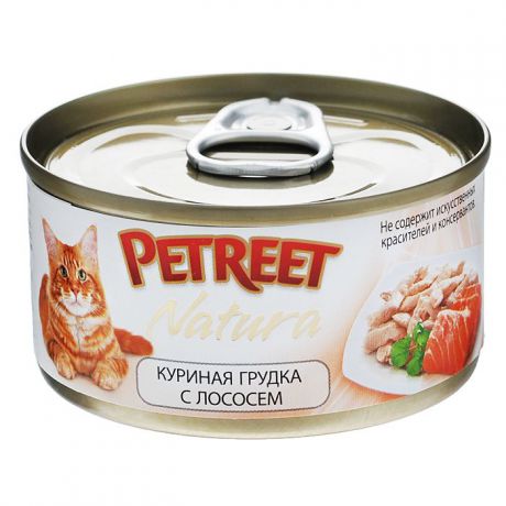 Консервы для кошек Petreet "Natura", с куриной грудкой и лососем, 70 г