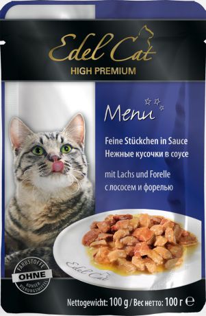 Консервы для кошек "Edel Cat", с лососем и форелью, нежные кусочки в соусе, 100 г
