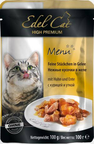 Консервы для кошек "Edel Cat", с курицей и уткой, нежные кусочки в желе, 100 г