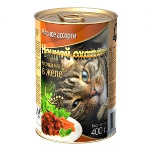 Консервы для взрослых кошек "Ночной охотник ", с мясным ассорти в желе, 400 г