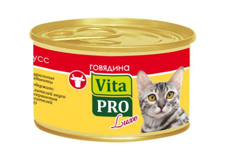 Консервы Vita Pro "Luxe" для кошек от 1 года, с говядиной, мусс, 85 г